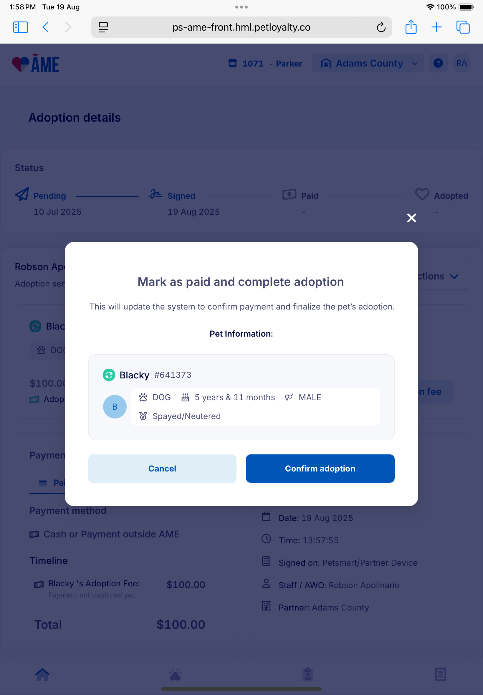 Modal to confirm adoption.
